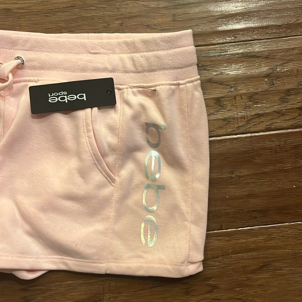 NWT Bebe Sport Shorts in Pink Parfait with Iridescent Side Logo Size M - Picture 5 of 5